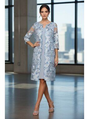 Clearance Dusty Blue Size L Lace 3/4 Sleeve Mother of the Bride Dress By 3351